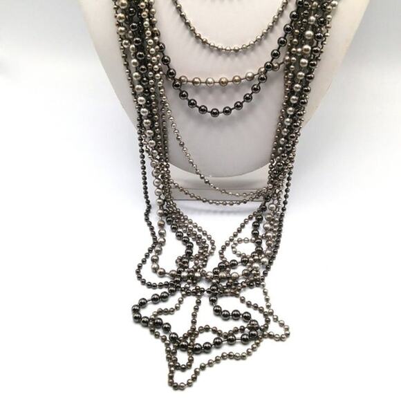 Chico's Silver Tone Metal Beaded Necklace, 12 Layered Strands, 23 Inches - Picture 3 of 9